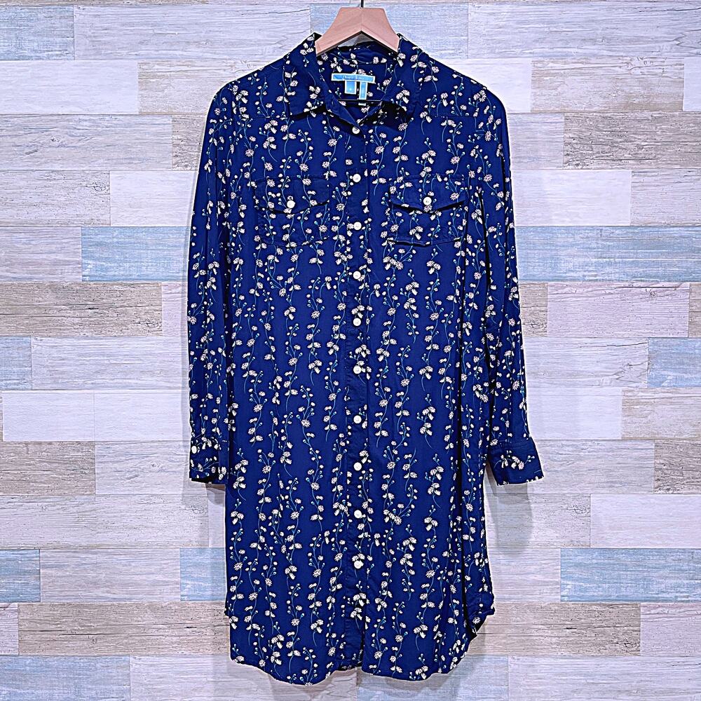 DRAPER JAMES Challis Floral Shirtdress Blue Long Sleeve Pockets Womens 8